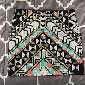 Express Womens Mini Skirt Sequin Tribal Print Geometric Aztec Pink Green Black M